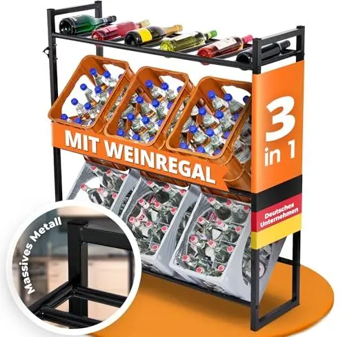 Produktbild: Schenk Getränkekistenregal (Stabiles 3 in 1 Getränkeregal/Weinregal) Platzsparend & Massives Metall Kistenregal Flaschenregal Freistehend Schwarz - Regal für 6 Getränkekisten mit Flaschenöffner