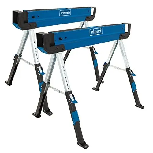 Produktbild: Scheppach Arbeitsbock Sägebock MWB600 Sägehilfe Säge Gestell Holzschneidebock | 2 Stück Set | 589kg Traglast | 61,8-82cm Arbeitshöhe | rutschfeste Füße & einstellbare Beine