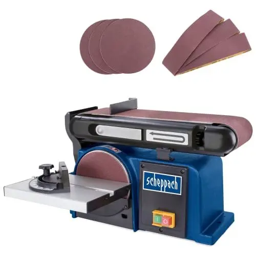 Produktbild: Scheppach Band-Tellerschleifer BTS900 mit Zubehör | Schleifmaschine mit 370W | 230V | 2850 min-1 | Schleifteller Ø 150mm | inkl. 3x Schleifpapier und 3x Schleifband | Bandschleifer Schleifgerät