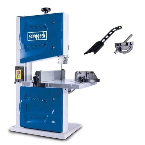 Produktbild: Scheppach Bandsäge HBS25 | Durchlasshöhe 80 mm | Schnittgeschwindigkeit 880 m/min | Tischverstellung 0° – 45° | Bandrad 200 mm | Sägebandlänge 1400 mm | Inklusive Querschneidlehre und Schiebestock
