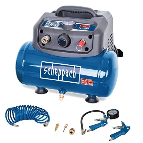 Produktbild: Scheppach Druckluft Kompressor HC06 ölfrei | 6L Kessel | 8 bar Arbeitsdruck | 1200 Watt Leistung | Ansaugleistung 192 L/min | mobil & kompakt Luftkompressor | inkl. 6-tlg. Zubehörset