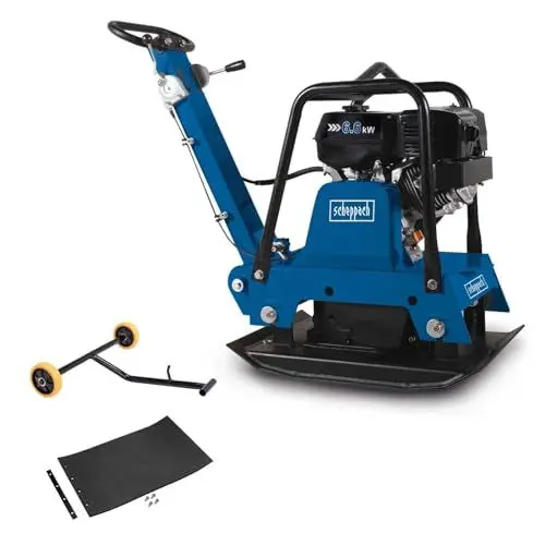 Produktbild: Scheppach Rüttelplatte Benzin reversierbar HP3000S | 160 kg | 9 PS | 30,5 kN | 50cm Verdichtungstiefe | Plattengröße: 730 x 450 mm | Vor- & Rücklauf | Komplettset mit Gummimatte & Fahrvorrichtung