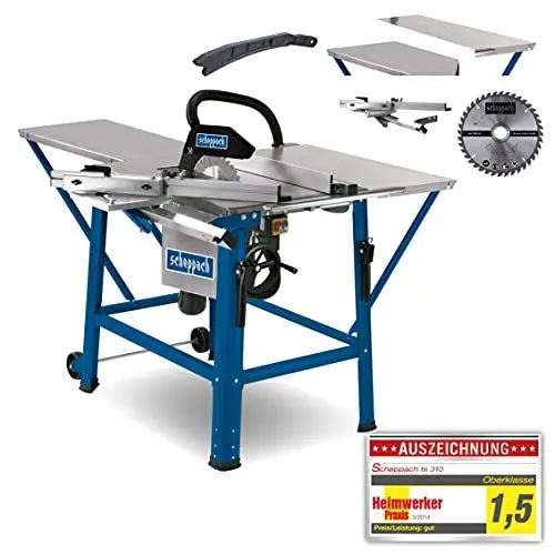 Produktbild: Scheppach Tischkreissäge TS310 | 400V Anschluss | 2800W Leistung | Sägeblatt Ø315mm | Schnitthöhe 83 mm | mit Tischverbreiterung, 2. Sägeblatt, Führungsschiene & Schiebeschlitten | schwenkbar bis 45°