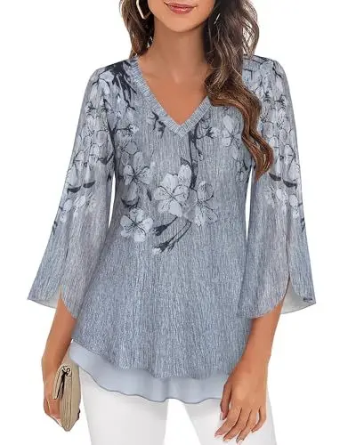 Produktbild: Schicke Bluse Damen Festlich Lang Bluse Tunika Damen Elegant 3/4 Arm Oberteile Feminin Locker Damenmode Frühling Formelle Kleidung Knitterfreie Loose fit Blusen mit Transparenten ärmeln,XL