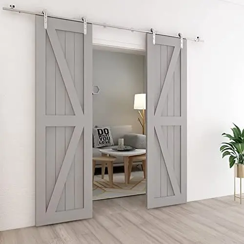 Produktbild: Schiebetürbeschlag Edelstahl Doppeltür 244cm Schiebetüren Schiebetürsystem Komplettset Laufschiene Rollen Set für 2 Holztür 61cm Breit, I Form
