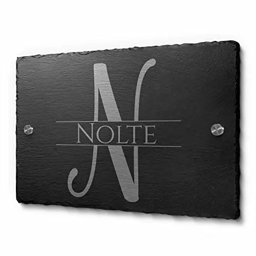 Produktbild: Schiefer Namensschild mit Gravur – Schiefertafel graviert als Türschild Haustür – Monogramm Schild Namen - Haustürschild Hausschilder Familie - Willkommensschild Familienschild personalisiert