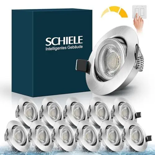 Produktbild: Schiele LED Einbaustrahler Einbauleuchten Flach Spots 230V, Dimmbar 68-78mm Lochmass, 7W Warmweiß Deckenspots IP44 für Badezimmer Wohnzimmer,12er Set