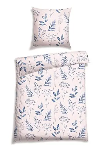 Produktbild: Schiesser Bettwäsche-Set Aimee aus weicher Baumwolle in filigranem Botanik-Print auf zartem Rosa, Farbe:Rosa und Blau, Größe:135 x 200 cm + 80 x 80 cm
