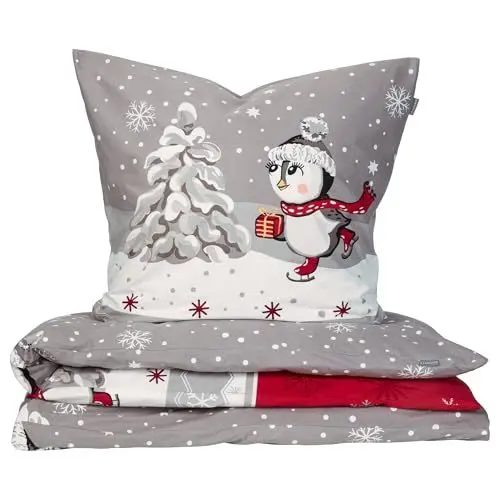 Produktbild: Schiesser Bettwäscheset Telso | 2-teilig | Winterprint | Feinbiber | 100% Baumwolle | Oeko-Tex Zertifiziert | Reißverschluss | 135x200cm + 80x80cm | Grau