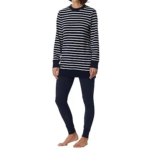 Produktbild: Schiesser Damen Schlafanzug mit Leggings weich und kuschelig-Frottee Pyjamaset, dunkelblau gestreift, 44