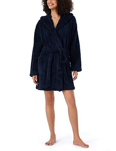 Produktbild: Schiesser Damen kuschelig und warm mit Kapuze-Teddy Fleece Bademantel, dunkelblau_178419, L