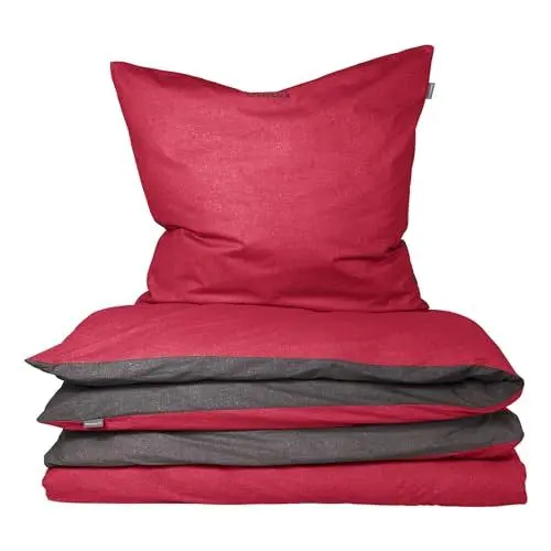 Produktbild: Schiesser Bettwäscheset Doubleface | 2-teilig | Zweifarbig | Feinbiber | 100% Baumwolle | Oeko-Tex Zertifiziert | Reißverschluss | 135x200cm + 80x80cm | Rot-Dunkelgrau