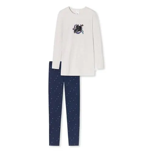 Produktbild: Schiesser Mädchen Schlafanzug lang – Einhorn, Sterne, Dots, Waldmotive und Hexen – Organic Cotton Pyjamaset, beige-Mel, 128