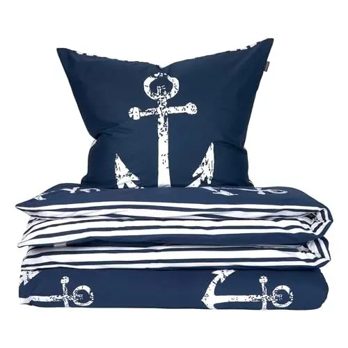 Produktbild: Schiesser Bettwäscheset Marina | 2-teilig | Maritim | Renforcé | 100% Baumwolle | Oeko-Tex Zertifiziert | Reißverschluss | 135x200cm + 80x80cm | Dunkelblau
