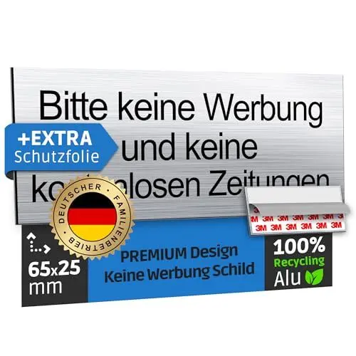 Produktbild: SCHILDERBOXX® Aufkleber keine Werbung und kostenlose Zeitungen (65x25mm, 100% Alu, 3M Tape) - Zeitung Verboten Briefkastenschild Selbstklebend