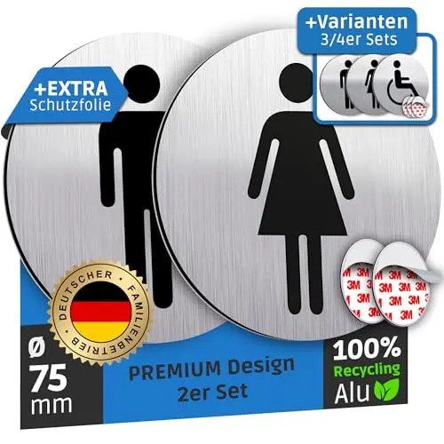Produktbild: SCHILDERBOXX® WC Schild Selbstklebend - 2er Set Toilettenschild Damen und Herren (Ø75mm, 100% Alu, 3M Tape) – Türschild Toilette Aufkleber Tür, WC-Schilder, Toilettenschilder