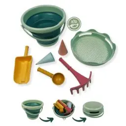 Produktbild: Schildkröt® 7in1 Sand Toys Set in Bio-Qualität: Innovatives Sand-Spielset mit 6 Werkzeugen aus Zuckerrohr zum Graben, Formen, Sieben und Rechen, Faltbarer 3 Liter Eimer