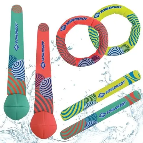 Produktbild: Schildkröt Diving Set Neopren Tauchset 6-teilig | 2 Tauchbälle, 2 Tauchringe, 2 Tauchstäbe | Wasser-/ Tauchspielzeug für Kinder | Sandfüllung | Stehen senkrecht am Grund, 970325, Wasserspielzeug