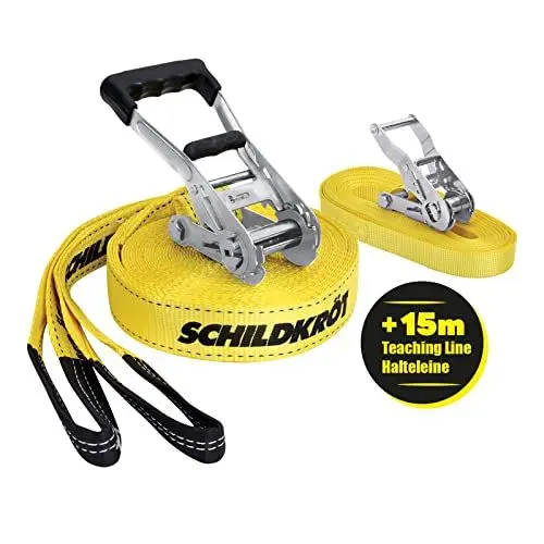 Produktbild: Schildkröt Slackline 15m, zusätzlich mit Teaching Line, Hilfsline für Anfänger, robuste 5cm breite Line für Kinder und Erwachsene