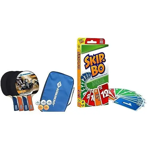 Produktbild: Schildkröt Tischtennis-Set Hobby, für 4 Spieler & Mattel Games 52370 - Skip-BO Kartenspiel und Familienspiel geeignet für 2-6 Spieler, Spiel ab 7 Jahren