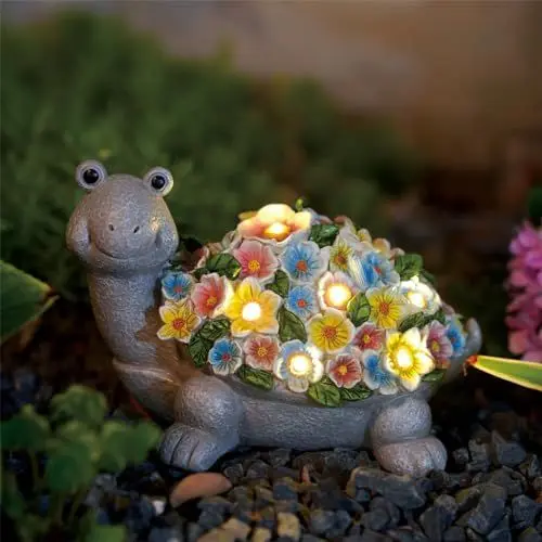 Produktbild: Schildkröte Gartenfiguren mit Blumen Solarlampen Gartendeko für Außen: Schildkröt Deko für Draußen Wohnzimmer mit Solar Lichterkette Personalisierte Geschenke für Frauen Männer Balkon Terrasse Deko
