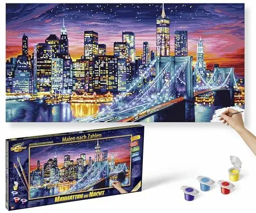 Produktbild: Schipper 609220862 Malen nach Zahlen - Manhattan bei Nacht - Bilder malen für Erwachsene, inklusive Pinsel und Acrylfarben, 40 x 80 cm