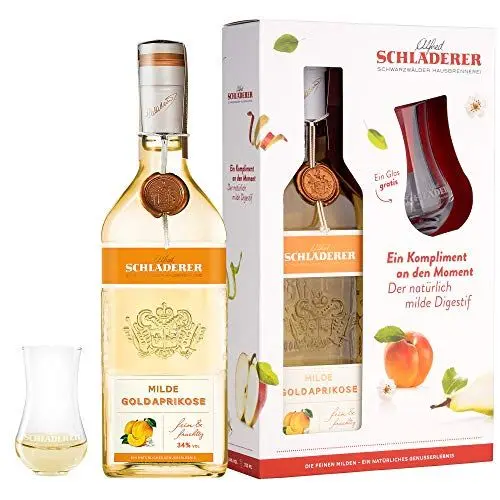 Produktbild: Schladerer Milde Goldaprikose, feiner Digestif aus dem Schwarzwald - mild und süßfruchtig aus sonnengereiften Aprikosen - Set inklusive Schladerer Kelch-Glas mit Gravur Obstbrände (1 x 700 ml)