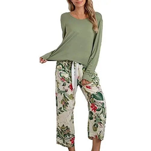 Produktbild: Schlafanzug Damen Zweiteiliger Pyjama Loungewear Hausanzug mit Rundhalsausschnitt(S-Grün)