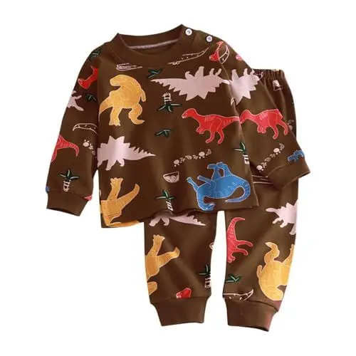 Produktbild: Schlafanzug Jungen Pyjama Baumwolle Bekleidungssets Kinder Pyjama Set Langarm Zweiteiler Kinderanzüge Outfit Winter Nachtwäsche Weiche Klamotten Rundhals Kleidung Braun, 1 Jahr