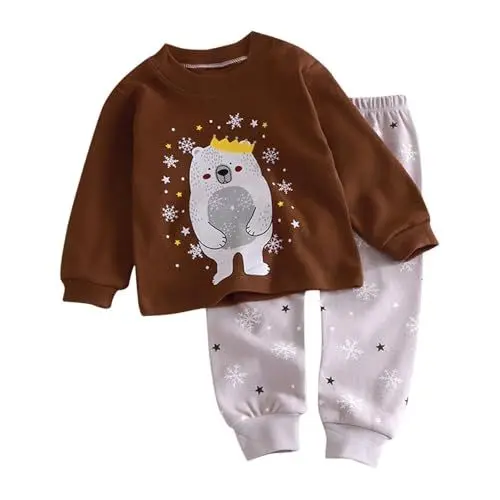 Produktbild: Schlafanzug Jungen Pyjama Baumwolle Bekleidungssets Kinder Pyjama Set Langarm Zweiteiler Kinderanzüge Outfit Winter Nachtwäsche Weiche Klamotten Rundhals Kleidung Braun, 5 Jahre