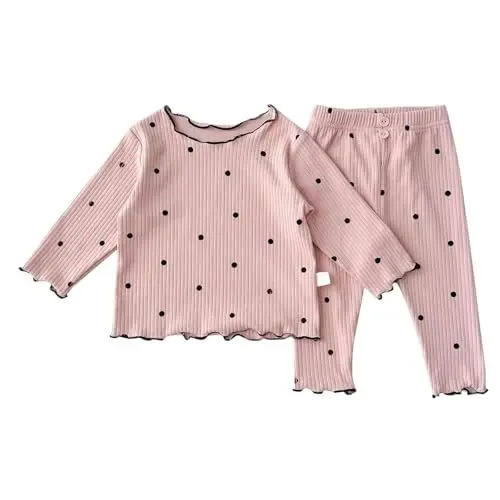 Produktbild: Schlafanzug Mädchen Langarm Hauskleidung Gerippter Pyjama Zweiteiliger 2 Teilig Lässig Langarm Blouse Top Und Elastische Hose Baby Mädchen Süße Blumendruck Freizeit Leicht (Pink, 12-18 Months)