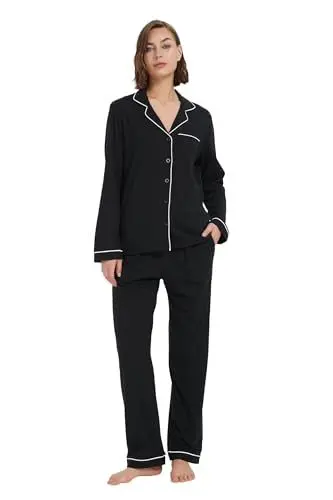 Produktbild: Schlafanzug für Damen, 100 % Baumwolle, langärmelig, lange Hose, Pyjama-Set, gemütlich, Knopfleiste, Nachtwäsche, Boyfriend-Loungewear, S-3XL, Schwarz , M
