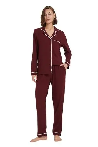 Produktbild: Schlafanzug für Damen, 100 % Baumwolle, langärmelig, lange Hose, Pyjama-Set, gemütlich, Knopfleiste, Nachtwäsche, Boyfriend-Loungewear, S-3XL, weinrot, L