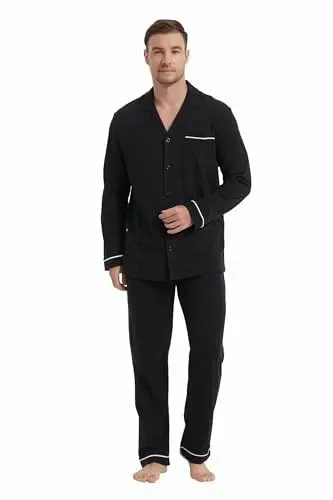 Produktbild: Schlafanzug für Herren, 100 % Baumwolle, langärmelig, lange Hose, Pyjama-Set, gemütlich, Knopfleiste, Nachtwäsche, Boyfriend-Loungewear, S-3XL, Schwarz , L