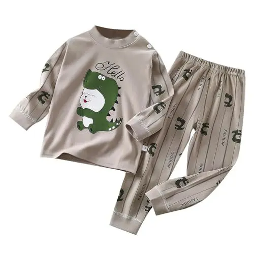 Produktbild: Schlafanzug für Kinder Baby Jungen bis 6 Niedlich Cartoon Tier Pyjama Set mit Schulterklappe(73-110) Langarm Rundhal Sweatshirt Elastische Taille Hosen Bequem Bagger Zweiteilig Nachtwäsche Set 73-130