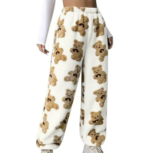 Produktbild: Schlafanzughosen für Damen Print Warm Hose Mode Fleece Lounge Hose Niedlich Fliege Bär Druck Winter Lässige Loose Plüsch Hosen Bequem Weich Warm Fleece Lange Hosen Nachtwäsche Hosen