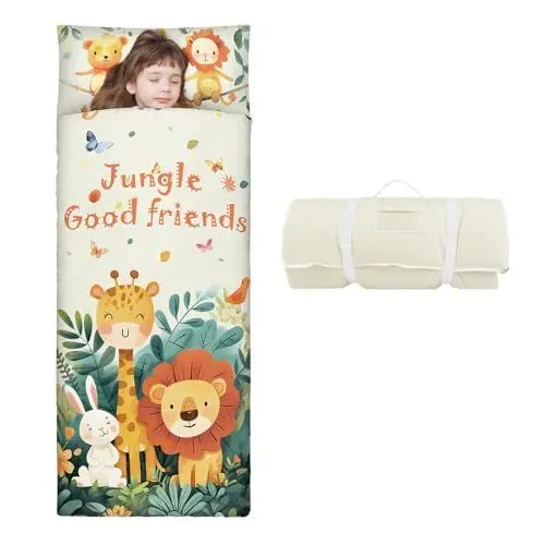 Produktbild: Schlafsack Kinder Doppelter Reißverschluss Weich Warm, Faltbare Kinderschlafsack mit Kissen Abnehmbar für Mädchen Jungen, Leicht Reinigen Schlafsack für Outdoor Indoor Camping, 150×60cm Cartoon-Tiere