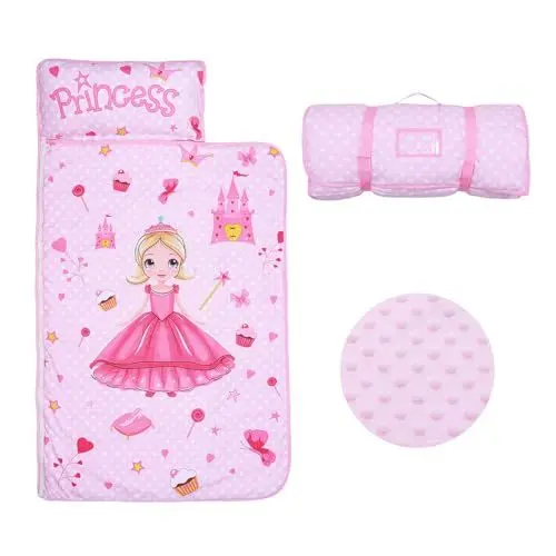 Produktbild: Schlafsack Kinder mit Kopfkissen Reißverschluss, Faltbare Kinderschlafsack mit Kissen Abnehmbar für Mädchen Jungen, Leicht Reinigen Schlafsack für Outdoor Indoor Camping, 150×60cm Rosa Prinzessin