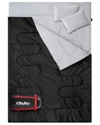 Produktbild: Schlafsack Outdoor Sommer: Ohuhu Doppelschlafsack mit 2 Kissen und Tragetasche, Wasserdicht Leicht 2 Personen Erwachsene Schlafsäcke für Camping, Rucksackreisen, Wandern (Schwarz)