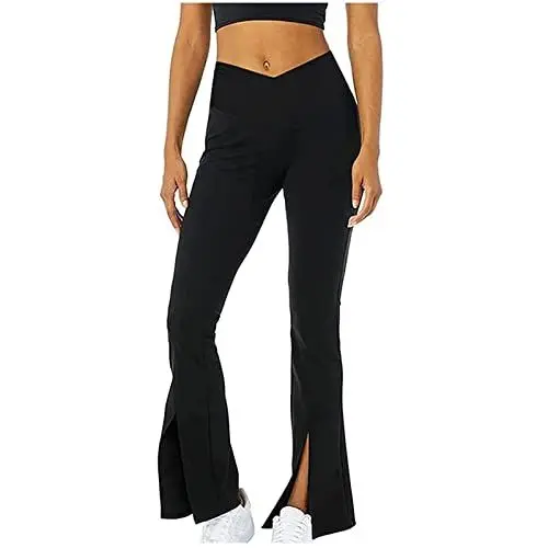 Produktbild: Schlaghose Damen Hohe Taille Yogahose Stretch Lässiges Jogginghose Flared Skinny Wanderhose Schlitz Lange Hose Bequem Leicht Freizeithose Gerade Bein Sweathose mit Bauchkontrolle Pants