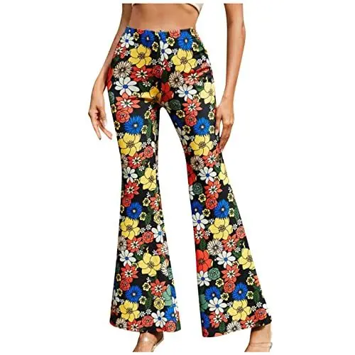 Produktbild: Schlaghose Damen Sommer Yogahose Blumen Druck Jogginghose Hoher Taille Stretch Strandhose Modische Flared Freizeithose Blickdicht Hippie Lange Fitnesshose Lässige Bauchweg Stoffhose