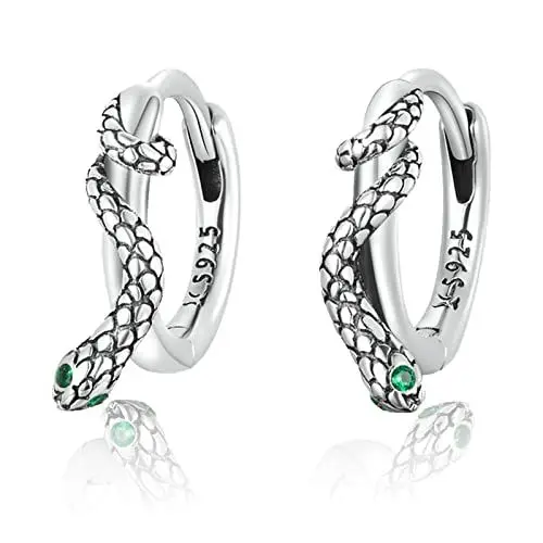 Produktbild: Schlangen Ohrringe Damen Sterling Silber 925 Ohrstecker Creolen Ohrringe mit grüne Zirkonia Steinen Ohrklemme Punk Gotik Tier Schmuck Geschenk für Mädchen