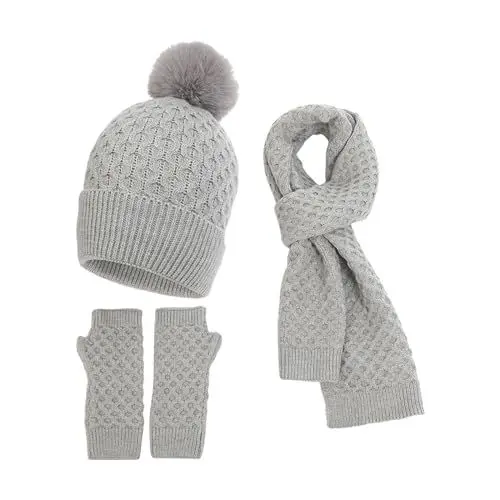 Produktbild: Schlauchschal Damen Gestrickte Wärmer mit Bommel Fleece Gefütterte Bommel Outdoor Sport Geschenk für Frauen Schal Wärmer Mütze Damen 3 in 1 Set