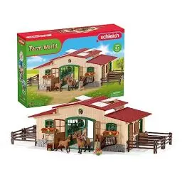 Produktbild: schleich FARM WORLD | Pferdestall mit Pferden und Zubehör 42195 | Set inkl. Stall, 2 Pferden, beweglicher Mädchenfigur und Zubehör | Bauernhof Spielzeug ab 3 Jahre | 96 Teile | exklusiv bei Amazon
