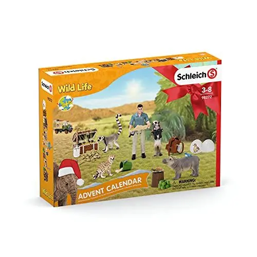 Produktbild: schleich WILD LIFE 98272 Adventskalender Kinder - Tiere Figuren Set mit Abenteuerfigur - Mit Baby Nilpferd, Gepard, Lemur, Elefant, Erdmännchen, Wissenschaftler - Ab 3 Jahren