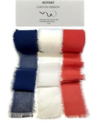 Produktbild: Schleifenband 3.8cm x 6.4m x 3 Rollen Geschenkband Hochzeit Chiffonband Stoffband Blau+Weiß+Rot