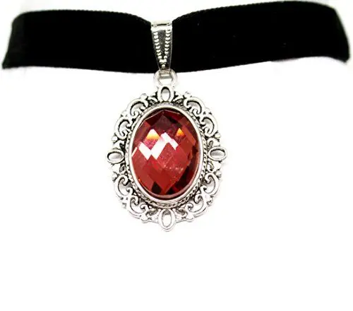 Produktbild: Schlichtes schwarzes Kropfband Samtband 13mm mit Medaillon mit roten facettierten Stein Choker 35cm Trachtenkette DIY