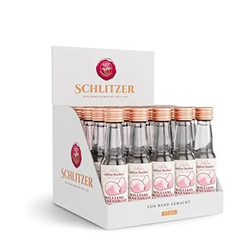Produktbild: Schlitzer Williams Christ-Birnen-Brand Minis 40% vol. (25x 0,02 l) – Hochwertiger Obstbrand aus vollreifen Williams-Christ-Birnen, fruchtig & mild, ideal als Digestif, Geschenk oder für unterwegs