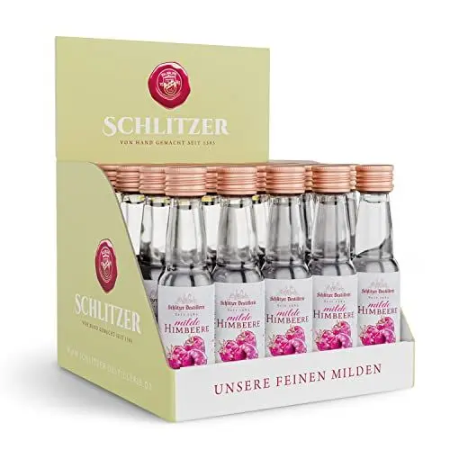 Produktbild: Schlitzer Milde Himbeere – Intensiv Fruchtige Spirituose mit Vanille-Note (35% Vol.) – 25 x 0,02L Minis