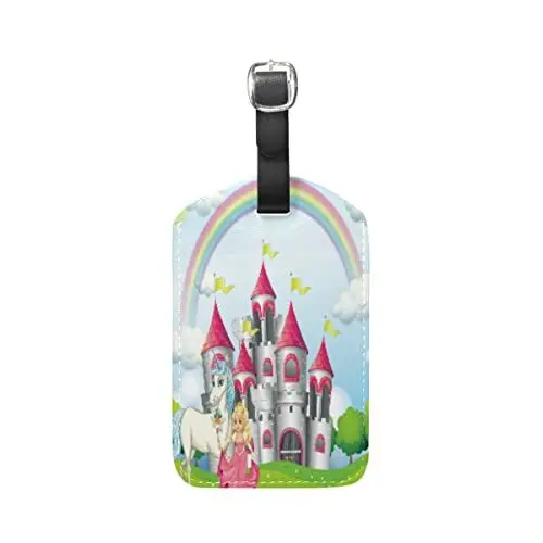 Produktbild: Schloss Regenbogenpferd Prinzessin Kofferanhänger mit Adressschild Lustig Leder Gepäckanhänger ID Etikett mit Namenschild für Reise Koffer Tasche(3PACK)